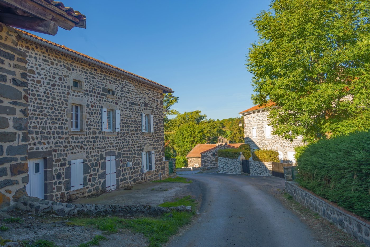 Maison de bourg en pierre bordant une allée arborée